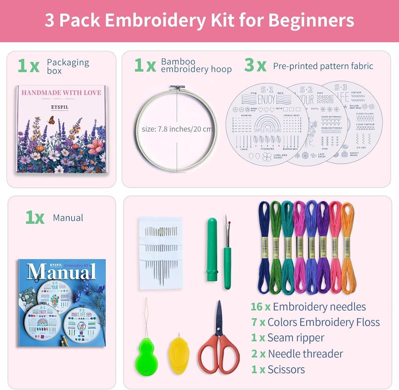 ETSPIL 3 Pack Embroidery Kit for Beginners and Adults,Learn 33 Stitches with DIY Stamped Flower Patterns – Includes Hoop, Color Threads, Tools, and Step-by-Step Instructions with Video Tutorials - Image 2